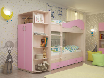 Кровать Мая двухъярусная с ящиками и шкафом Млечный дуб/Розовый в Посевной - posevnaya.mebel54.com | фото