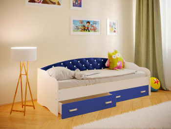Кровать Софа-7 с мягкой спинкой со стразами (800х2000) Белый/Синий в Посевной - posevnaya.mebel54.com | фото